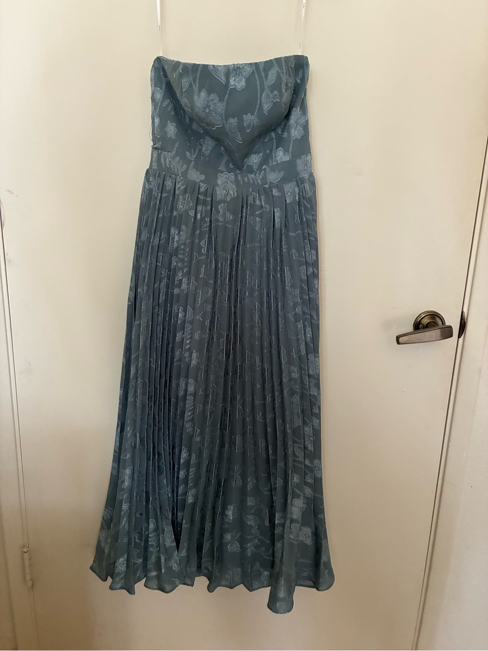 Lulu’s Perfectly Stunning Slate Blue Jacquard Strapless Midi Dress - Picture 4 of 5
